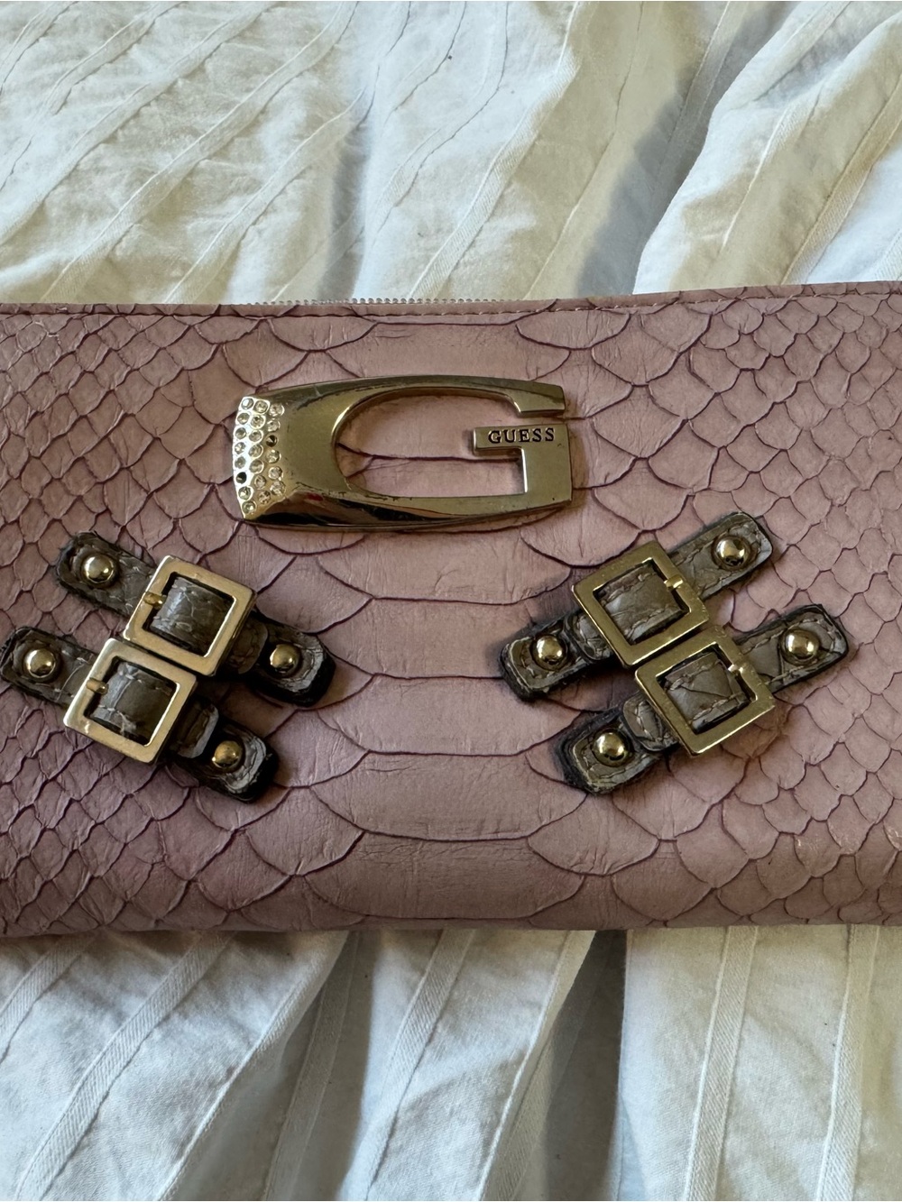 GUESS Mauve Textured Clutch with Silver Buckle Accents